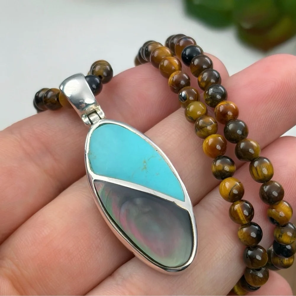 Vintage Sterling Silver 925 Abalone Turquoise Southwest Inlay Pendant Necklace
